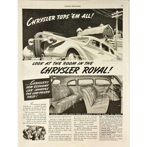 Chrysler Royal 4-Door Sedan "Look at the Room in the Chrysler" Vtg Print Ad 1937